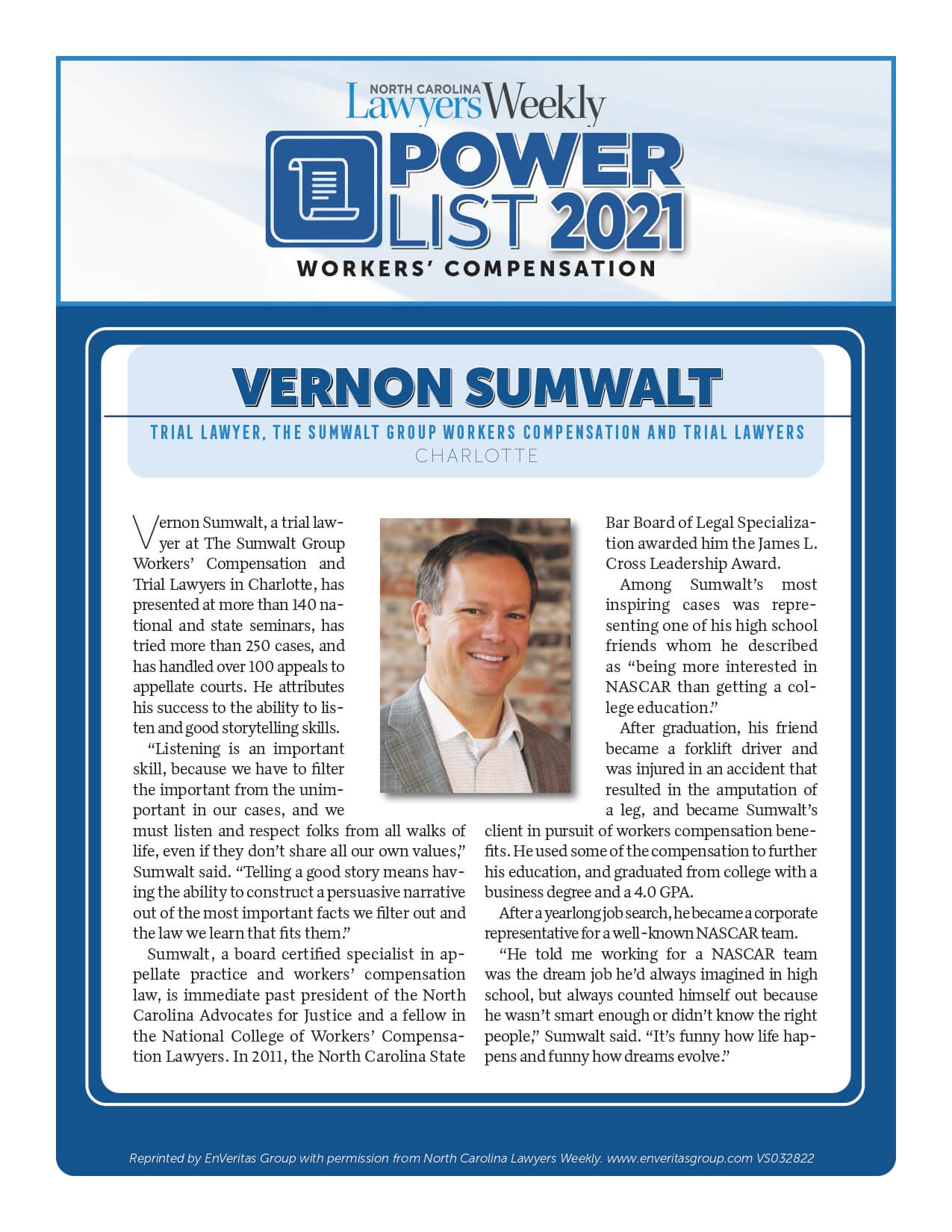Image of Vernon Sumwalt with blog from Lawyers Weekly WC Power List